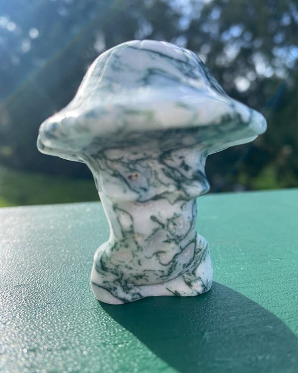 Crystal carved mushroom woman body figurines - moss agate