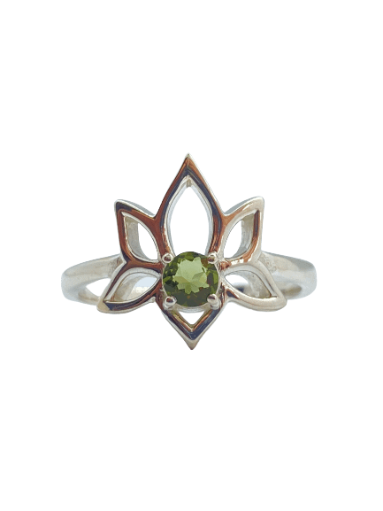 Stirling silver lotus ring, containing moldavite crystal NZ 1